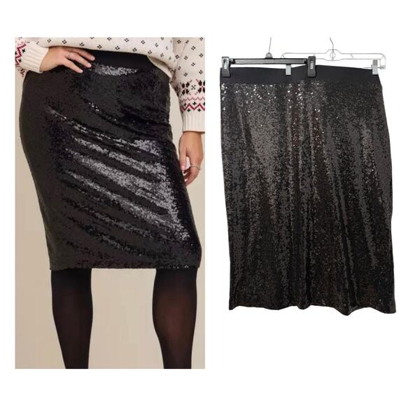 Torrid 4 (4X) Black Sequin Sparkle Holiday Cocktail Christmas Party Midi Skirt - Picture 1 of 5
